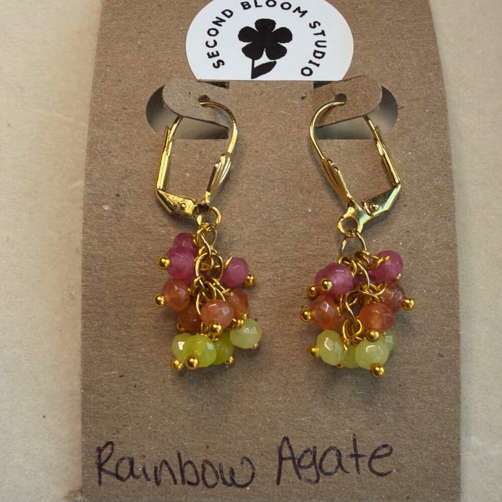 Rainbow Agate Cascade Earrings, Sunset, Pink, Orange, 18K Gold Plated, Artisan